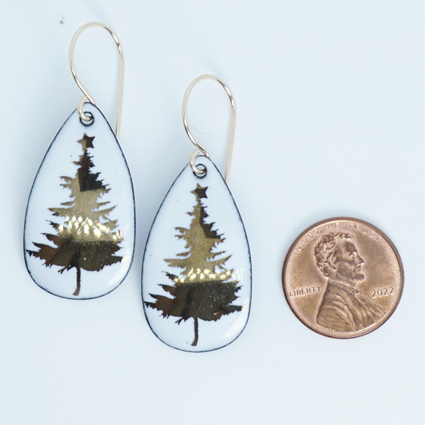 Gold Christmas Trees on White Enamel Teardrop Earrings