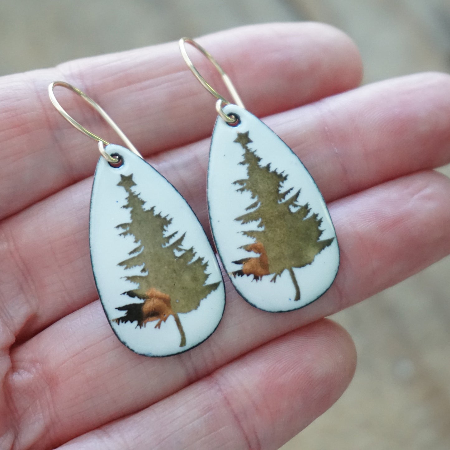 Gold Christmas Trees on White Enamel Teardrop Earrings