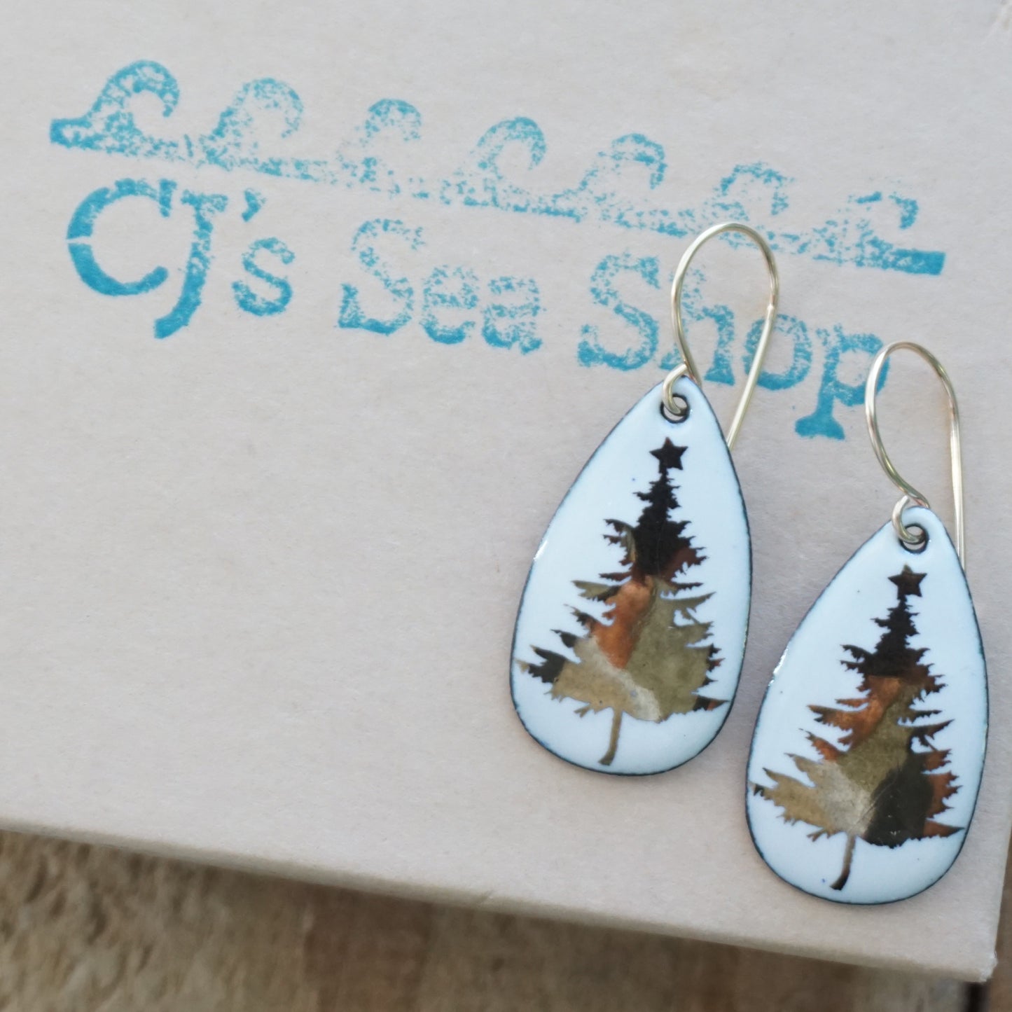 Gold Christmas Trees on White Enamel Teardrop Earrings