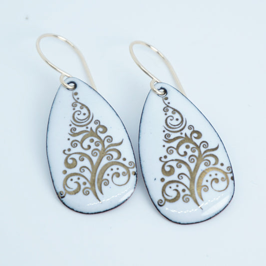 Gold Christmas Trees on White Enamel Teardrop Earrings
