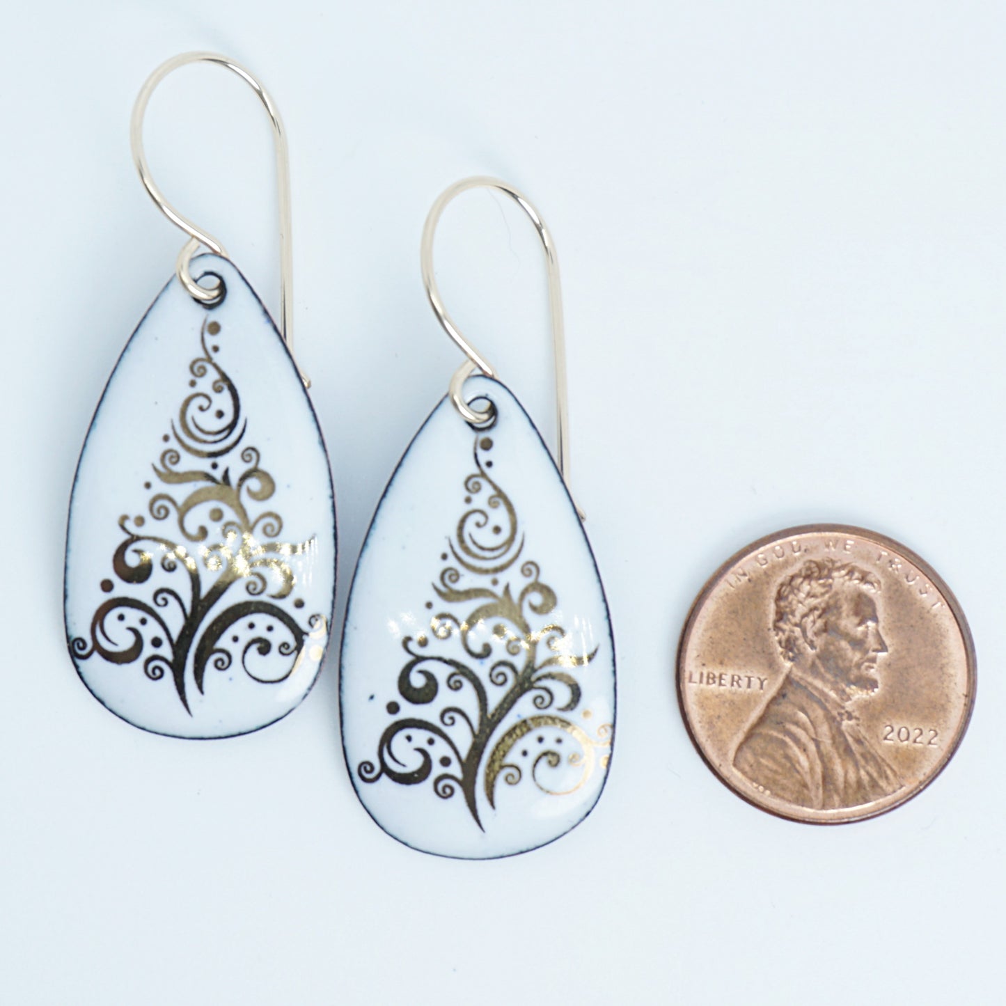 Gold Christmas Trees on White Enamel Teardrop Earrings