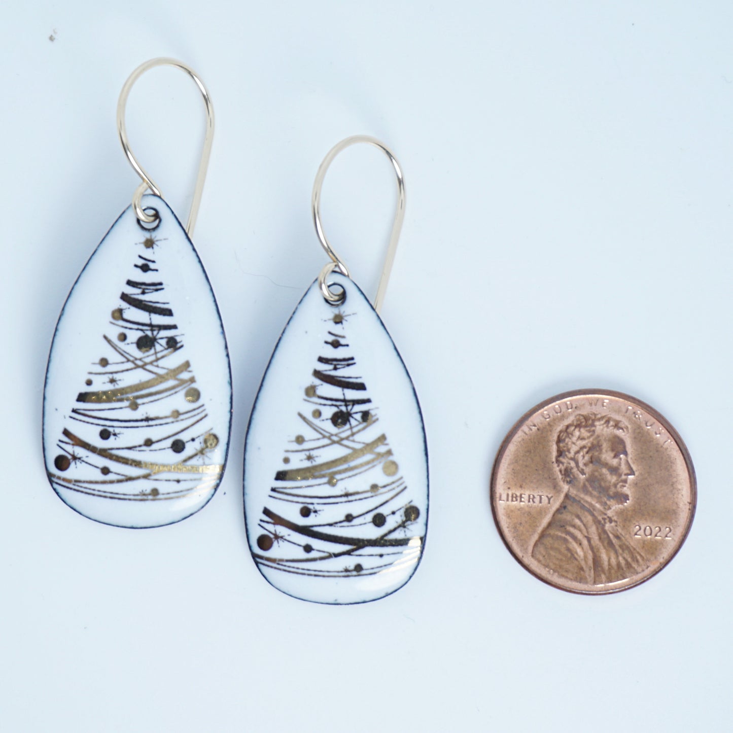 Gold Christmas Trees on White Enamel Teardrop Earrings