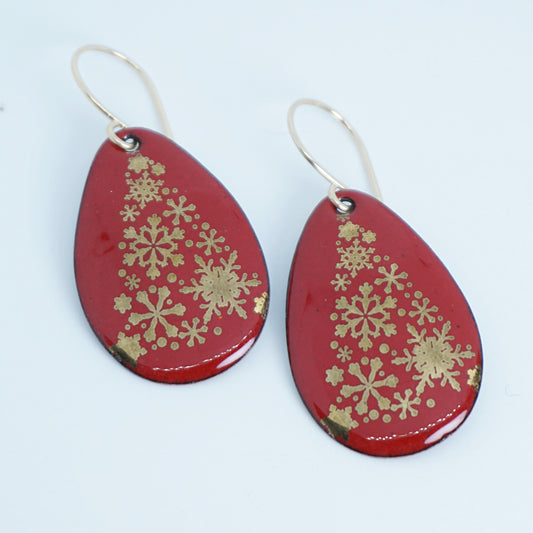 Gold Christmas Trees on Red Enamel Teardrop Earrings