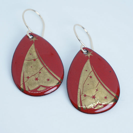 Gold Christmas Trees on Red Enamel Teardrop Earrings