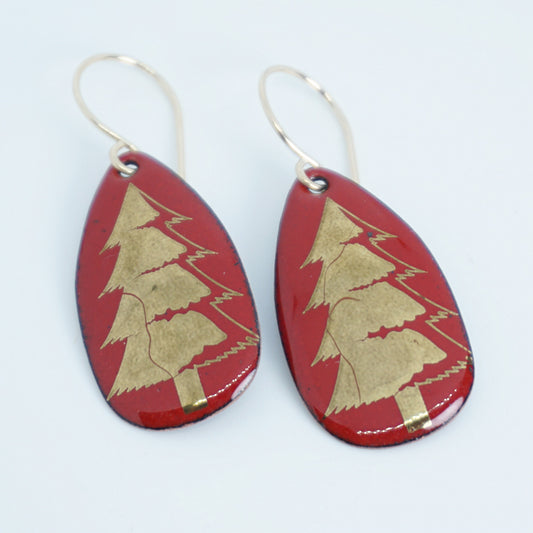 Gold Christmas Trees on Red Enamel Teardrop Earrings
