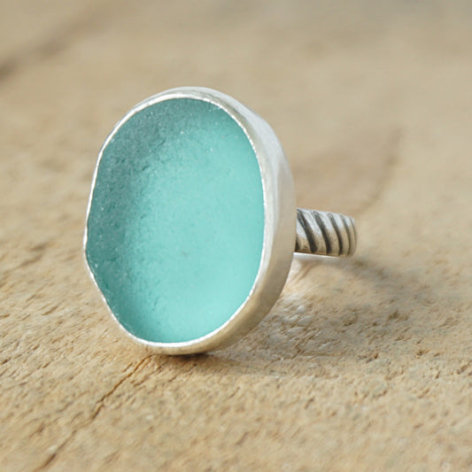Size 8 1/2 Teal Blue Green Sea Glass Statement Ring