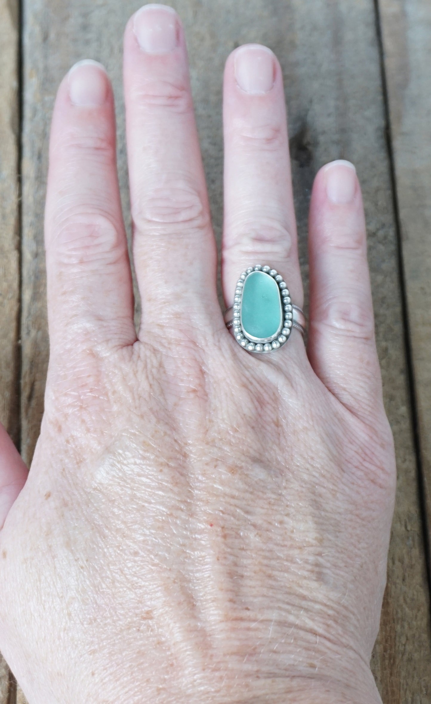 Size 6 1/2 Teal Blue Green Sea Glass Statement Ring