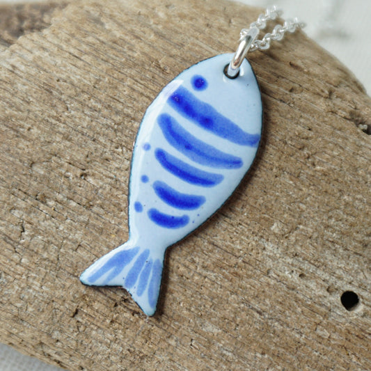 Light Periwinkle and Cobalt Blue Enamel Fish Necklace