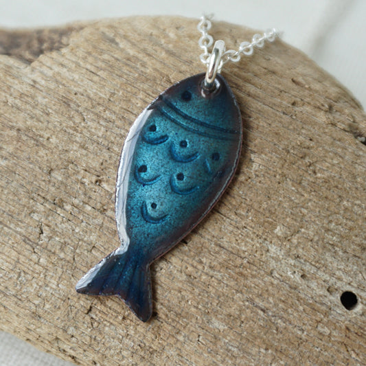 Metallic Blue Enamel Fish Necklace