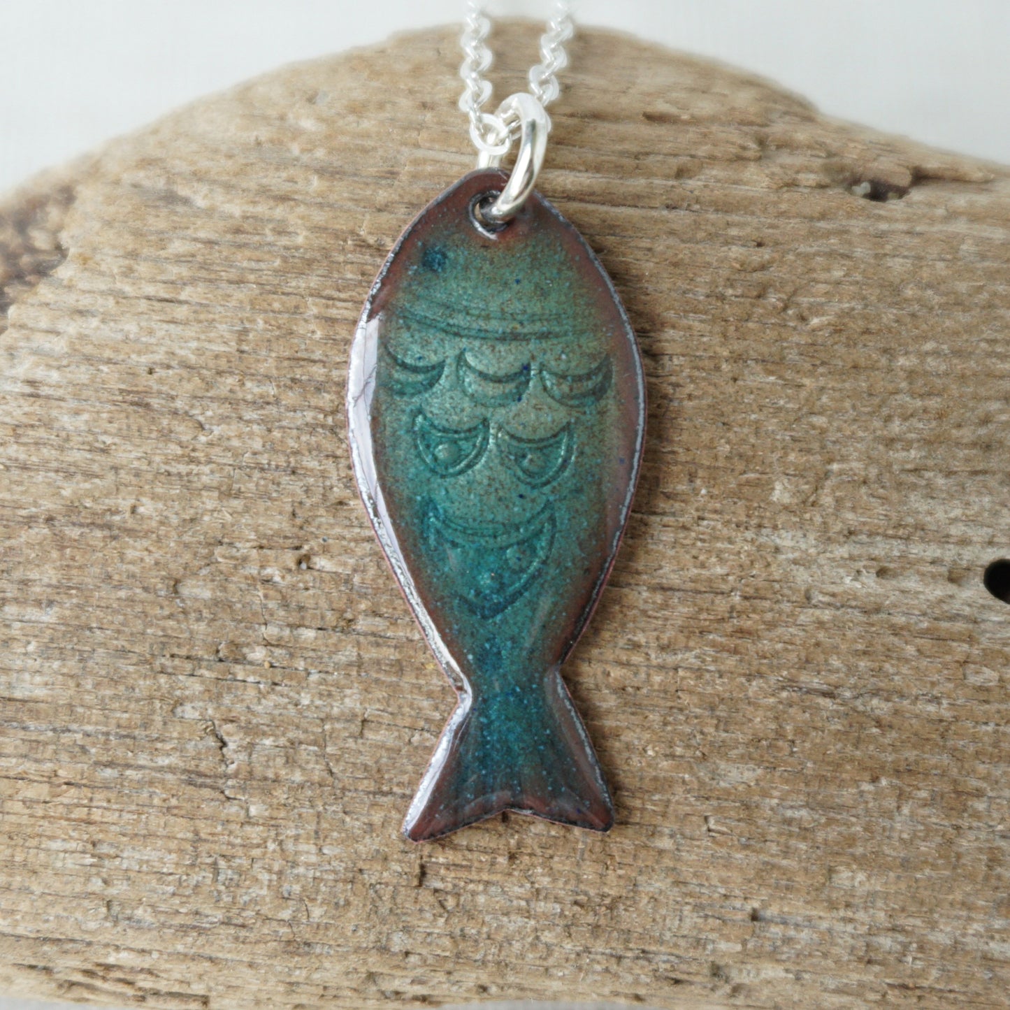 Metallic Teal Green Enamel Fish Necklace