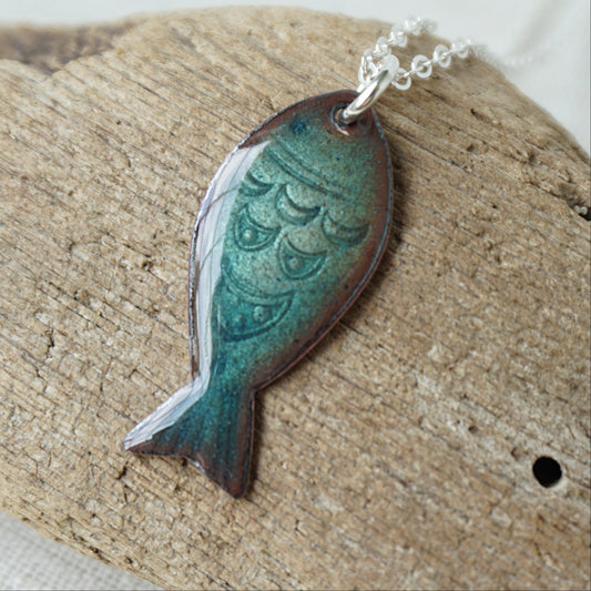Metallic Teal Green Enamel Fish Necklace