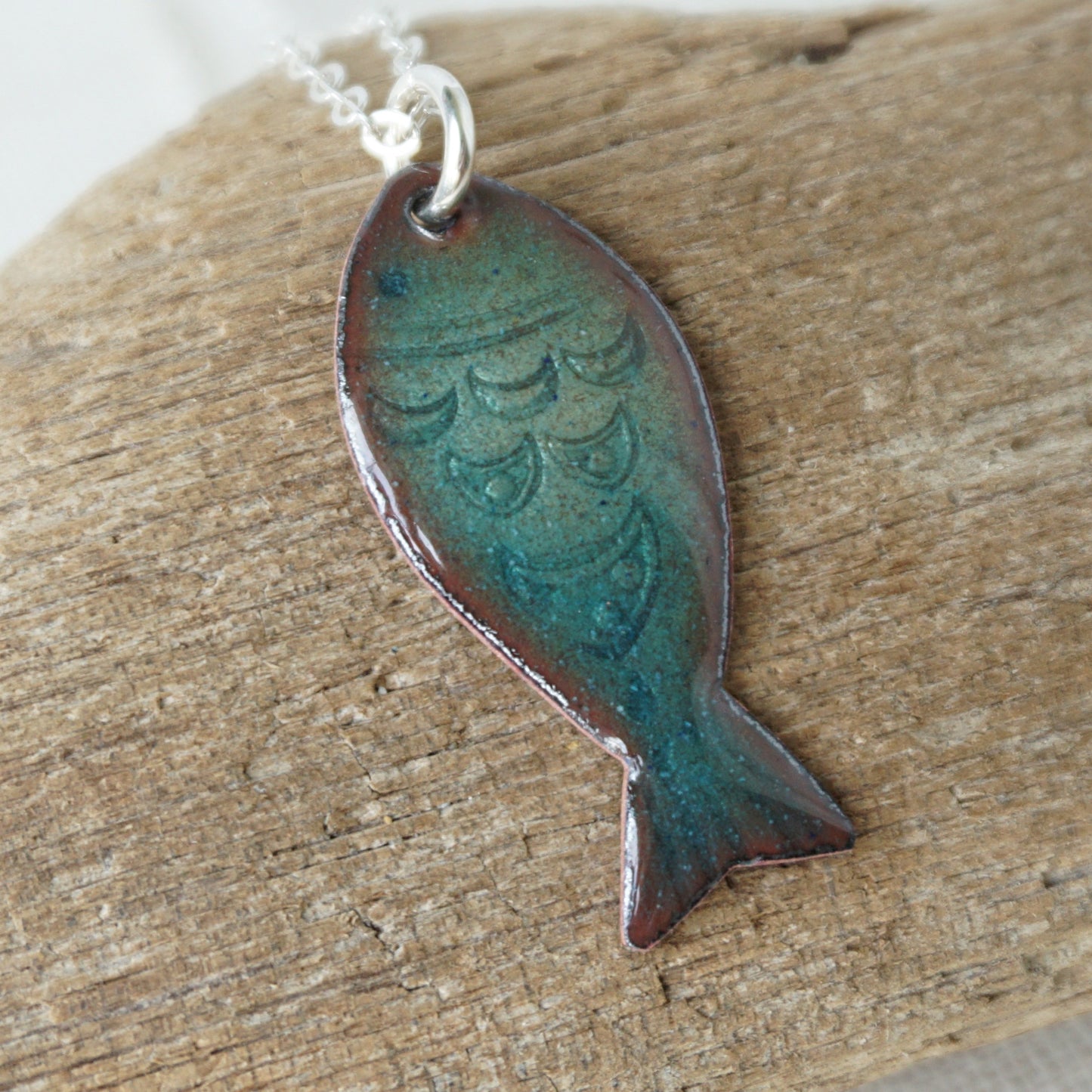 Metallic Teal Green Enamel Fish Necklace