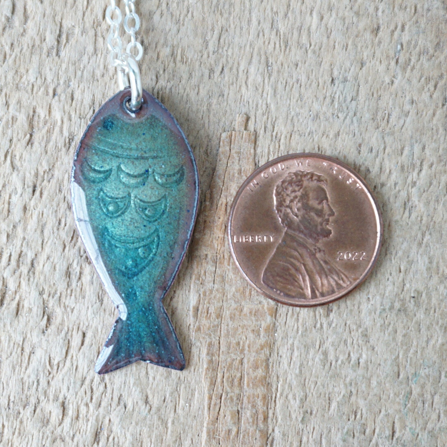 Metallic Teal Green Enamel Fish Necklace