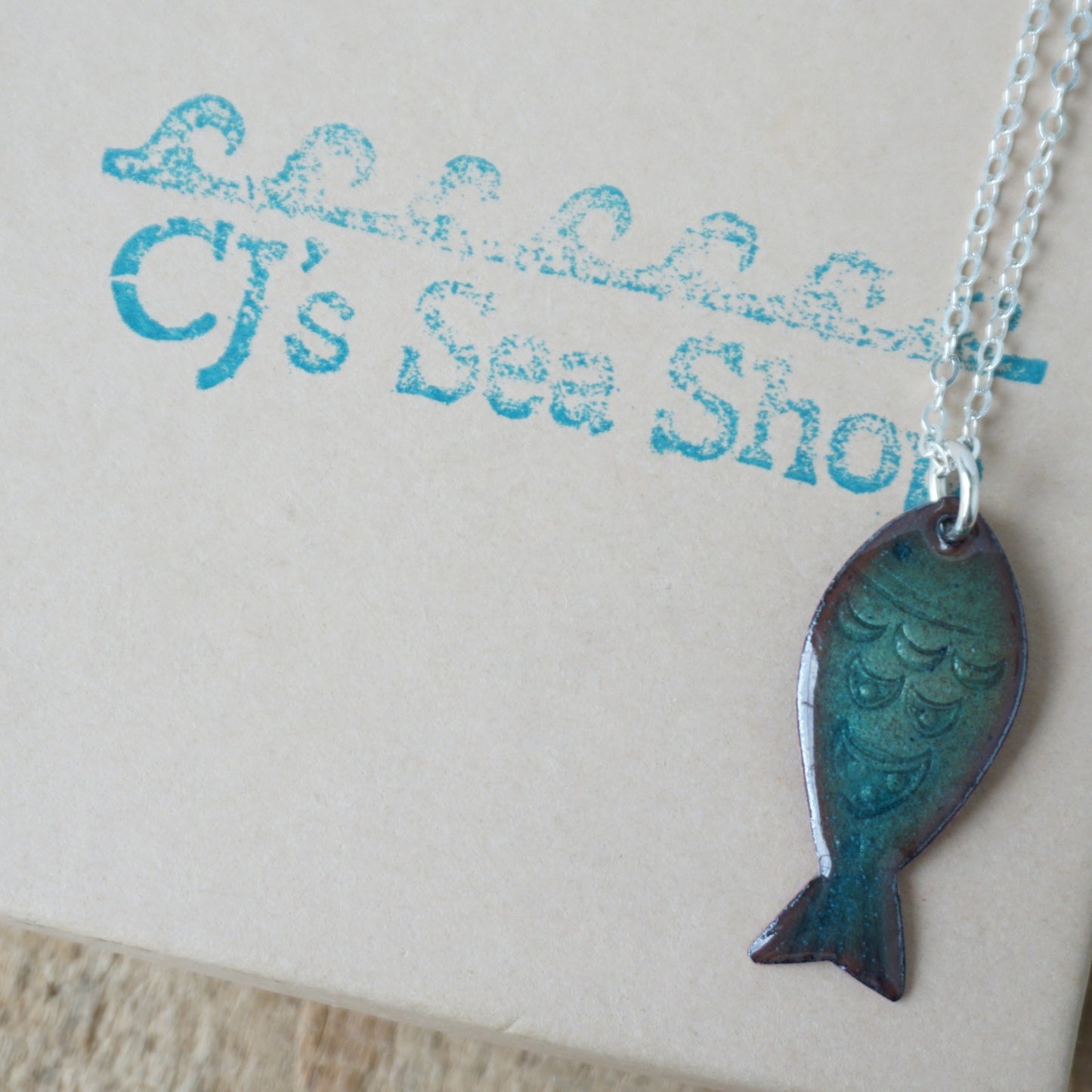 Metallic Teal Green Enamel Fish Necklace