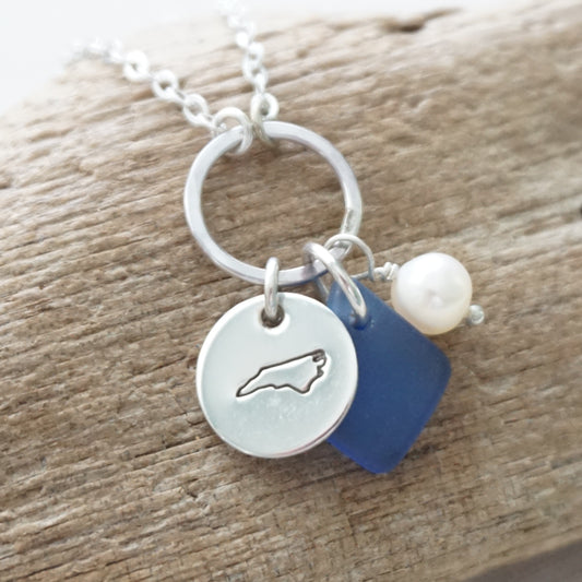 Hand Stamped North Carolina Charm Necklace with Sea Glass and Freshwater Pearl