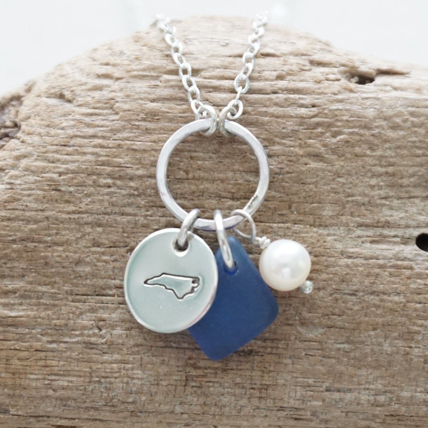 Hand Stamped North Carolina Charm Necklace with Sea Glass and Freshwater Pearl