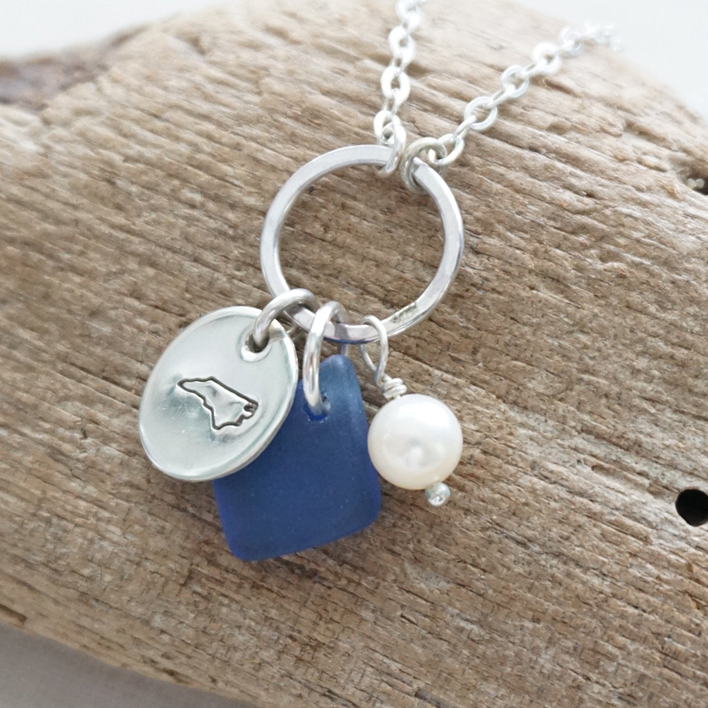 Hand Stamped North Carolina Charm Necklace with Sea Glass and Freshwater Pearl