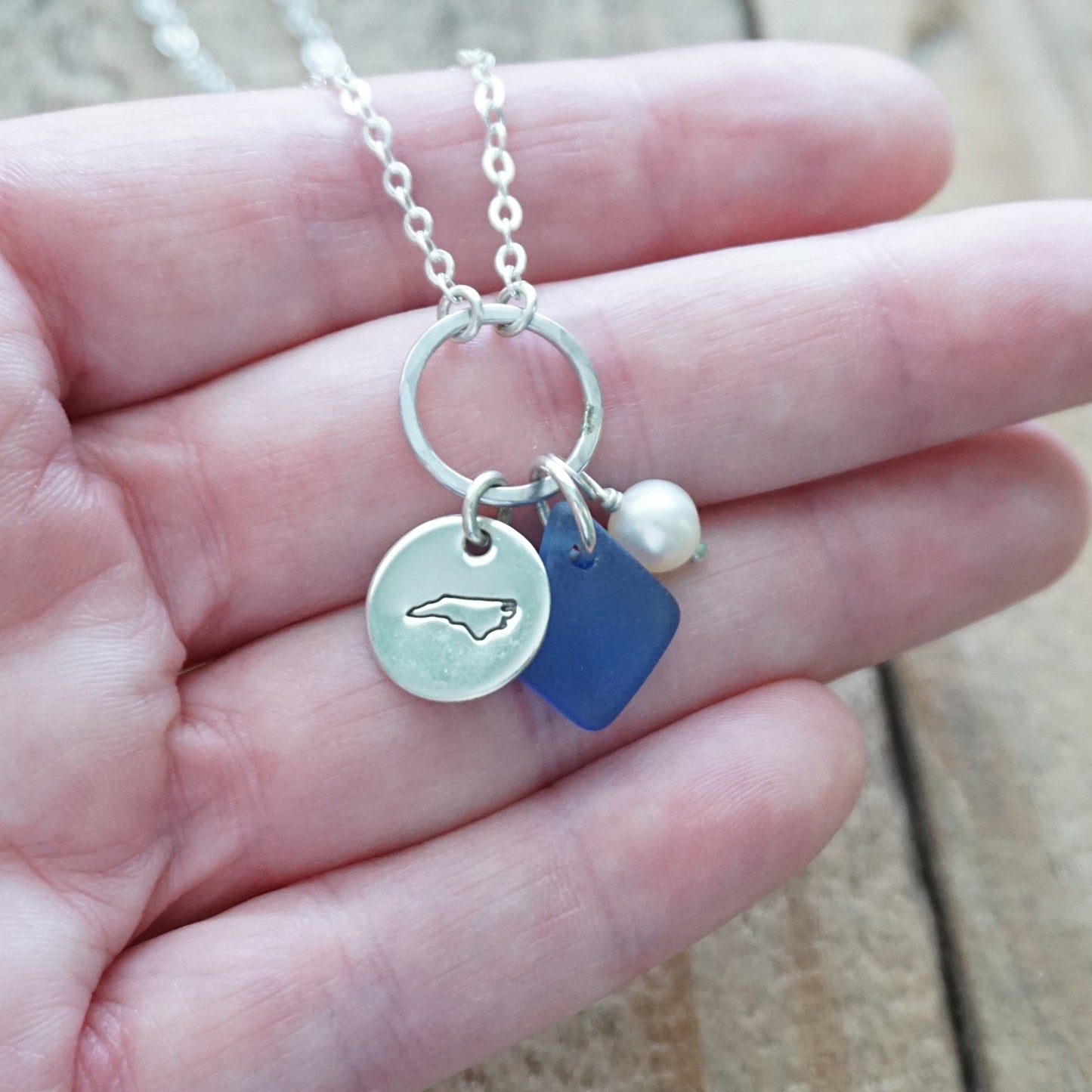 Hand Stamped North Carolina Charm Necklace with Sea Glass and Freshwater Pearl