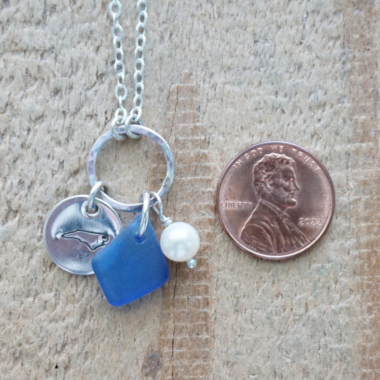 Hand Stamped North Carolina Charm Necklace with Sea Glass and Freshwater Pearl