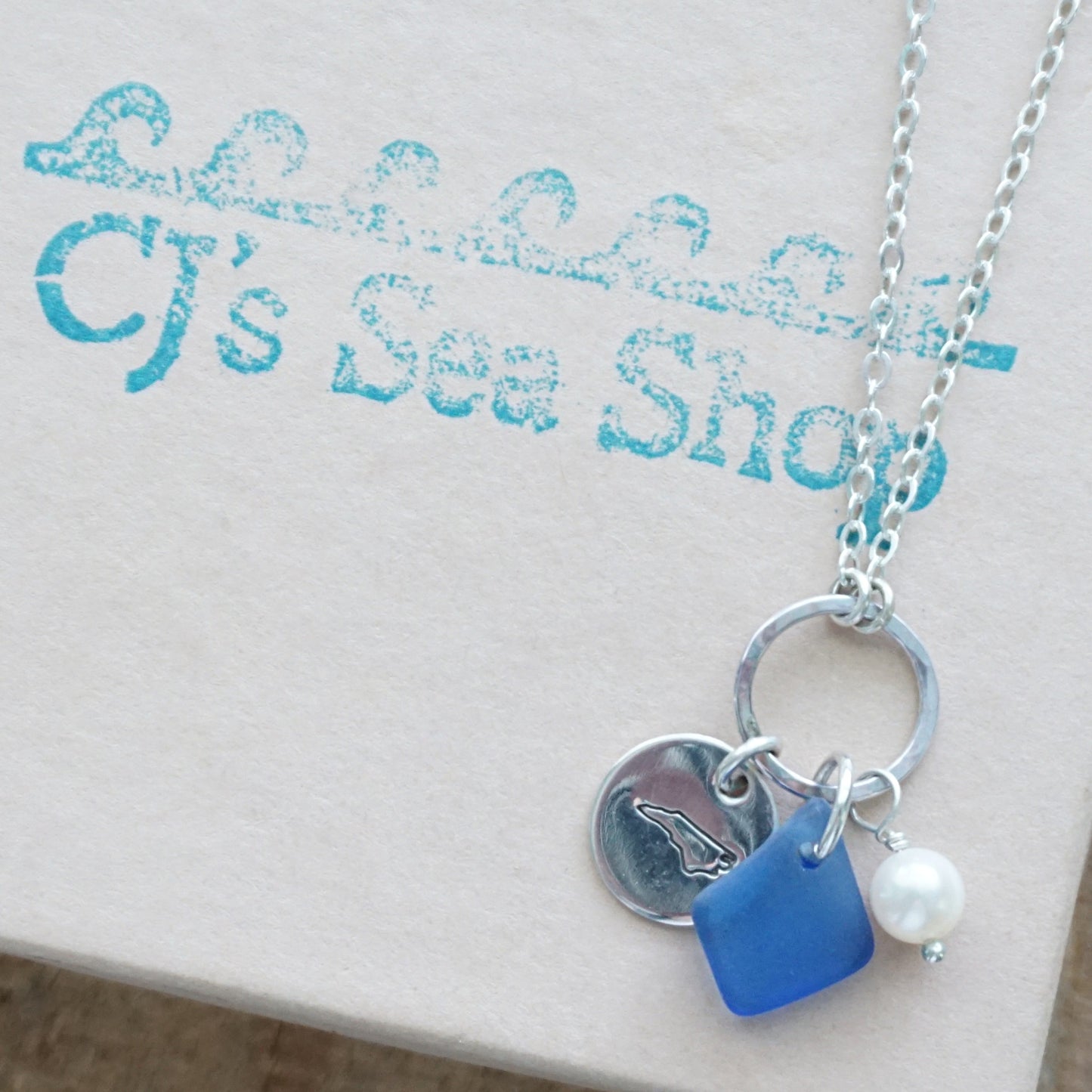 Hand Stamped North Carolina Charm Necklace with Sea Glass and Freshwater Pearl