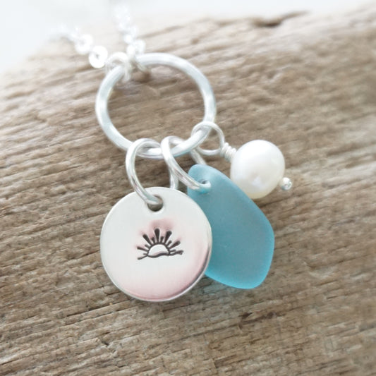 Hand Stamped Sunrise/Sunset Charm Necklace with Sea Glass and Freshwater Pearl