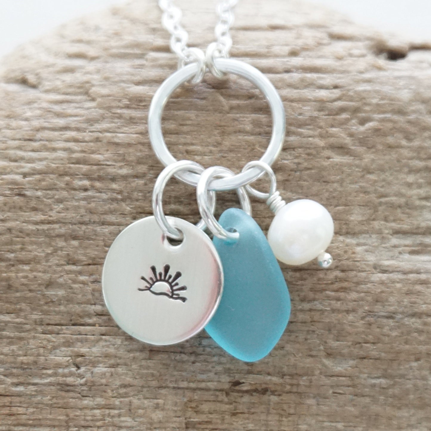 Hand Stamped Sunrise/Sunset Charm Necklace with Sea Glass and Freshwater Pearl