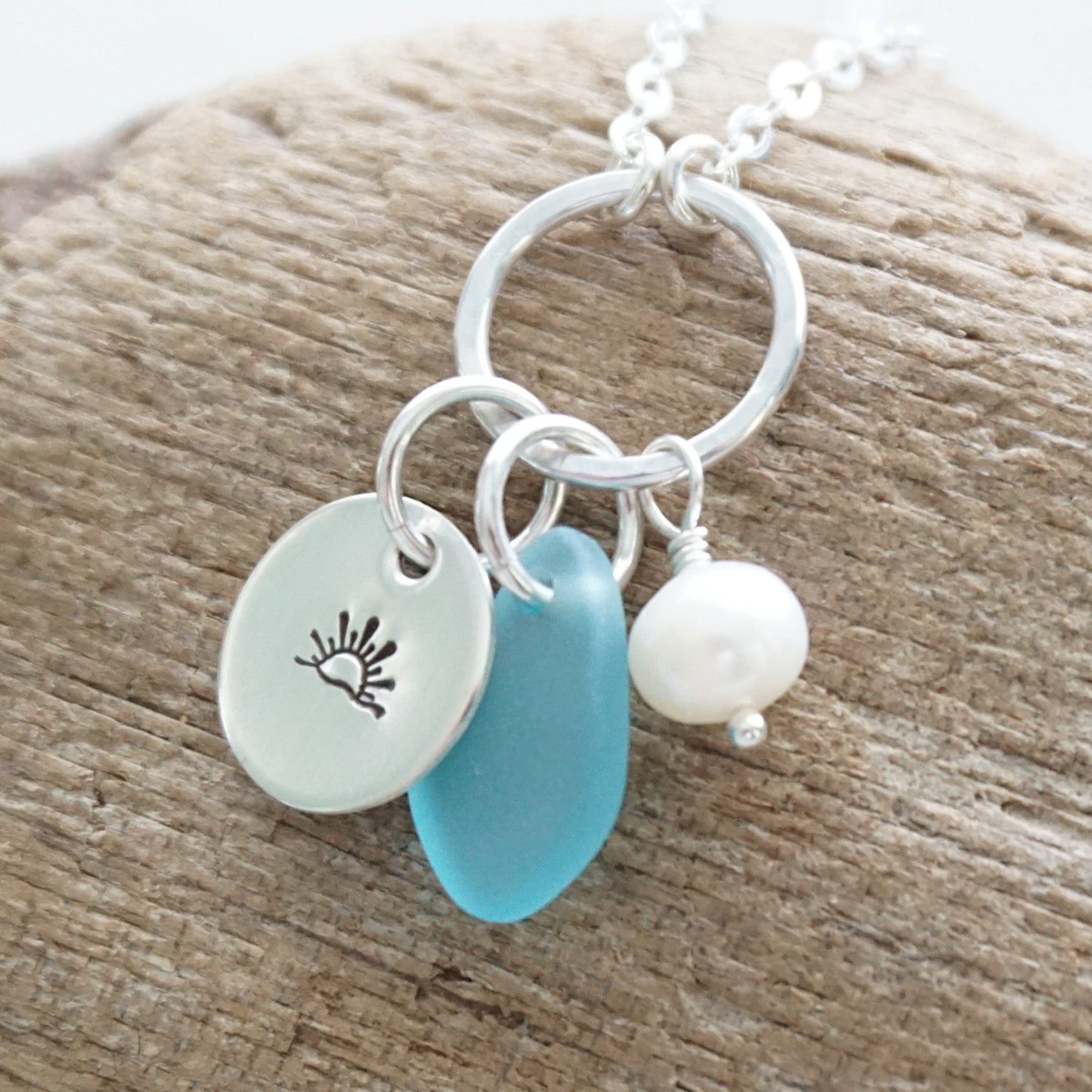 Hand Stamped Sunrise/Sunset Charm Necklace with Sea Glass and Freshwater Pearl