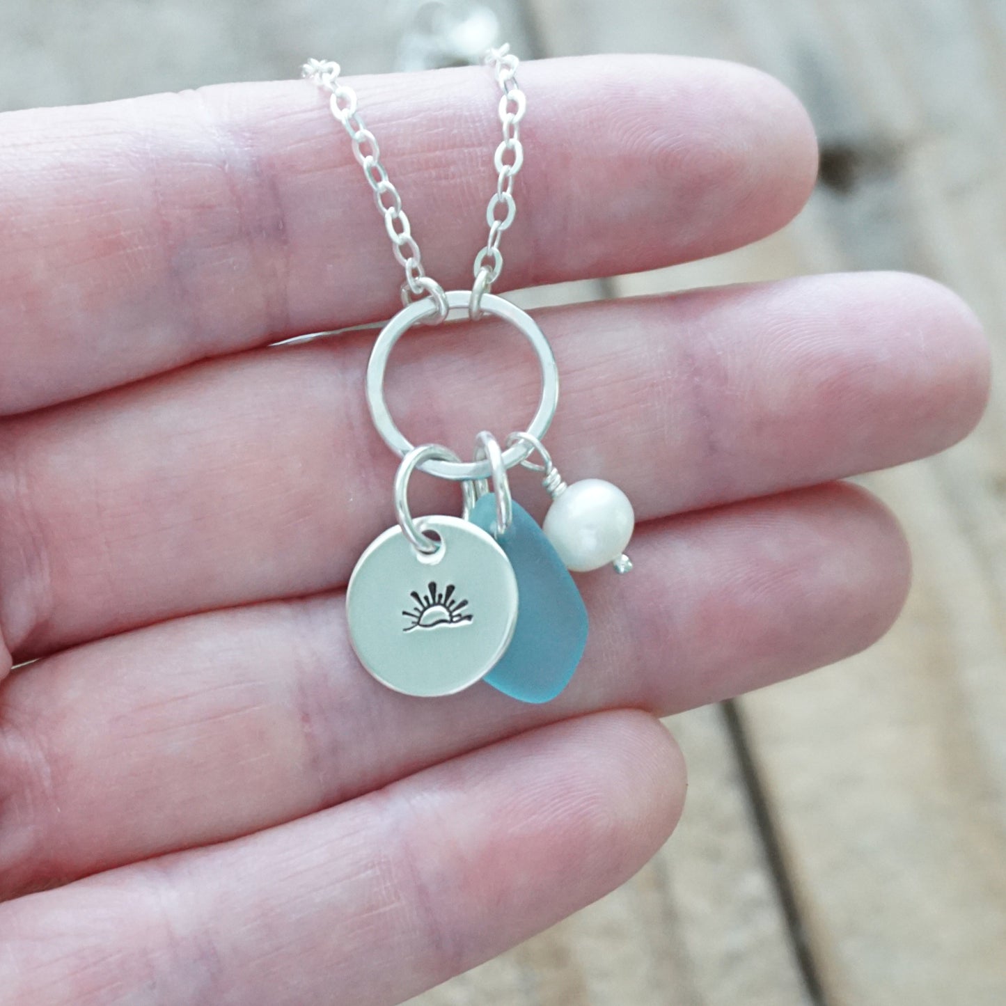 Hand Stamped Sunrise/Sunset Charm Necklace with Sea Glass and Freshwater Pearl