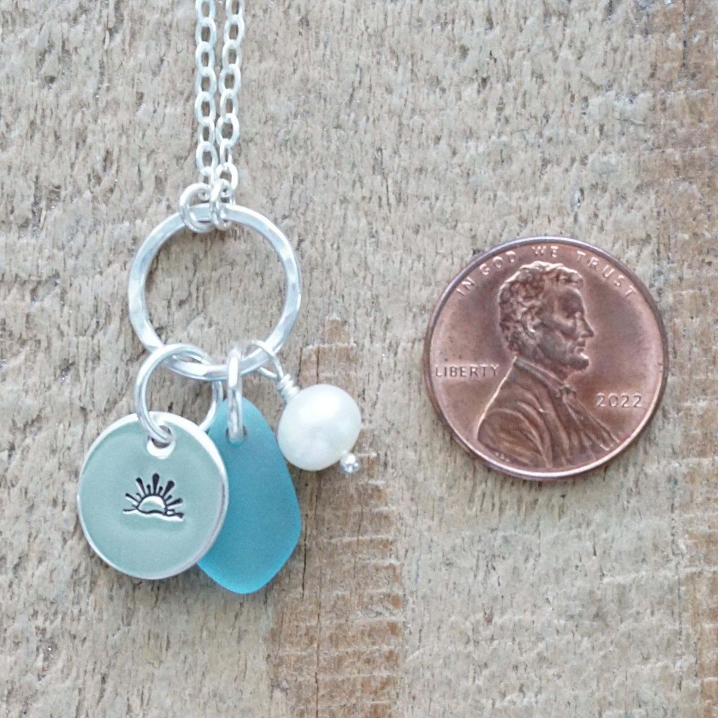 Hand Stamped Sunrise/Sunset Charm Necklace with Sea Glass and Freshwater Pearl