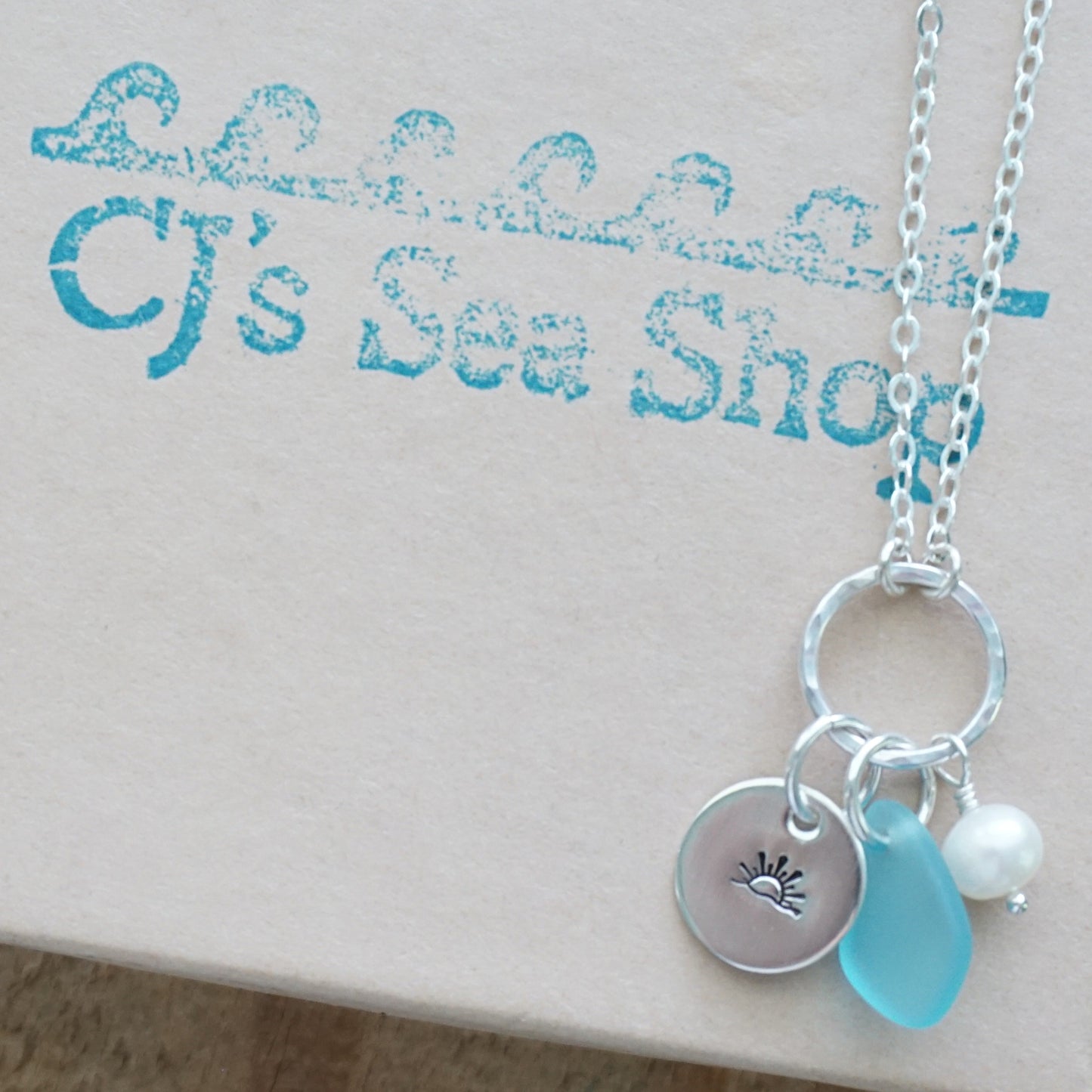 Hand Stamped Sunrise/Sunset Charm Necklace with Sea Glass and Freshwater Pearl