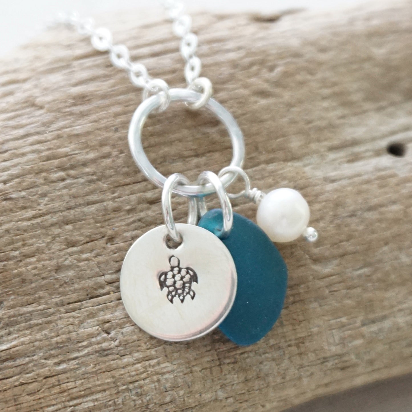 Hand Stamped Turtle Charm Necklace with Sea Glass and Freshwater Pearl