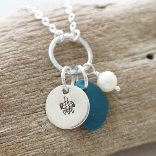 Hand Stamped Turtle Charm Necklace with Sea Glass and Freshwater Pearl