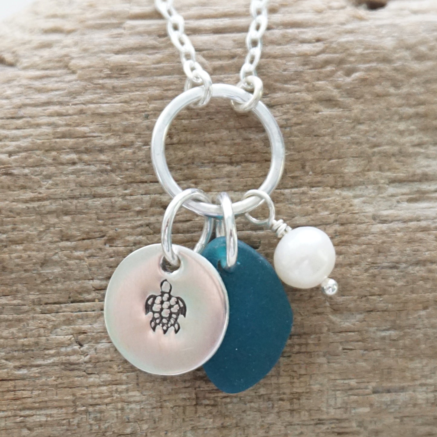 Hand Stamped Turtle Charm Necklace with Sea Glass and Freshwater Pearl