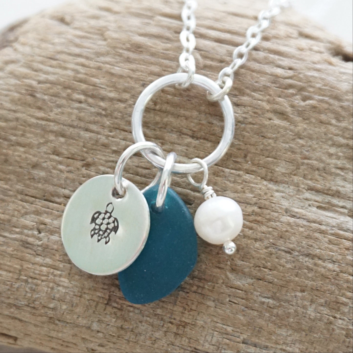Hand Stamped Turtle Charm Necklace with Sea Glass and Freshwater Pearl