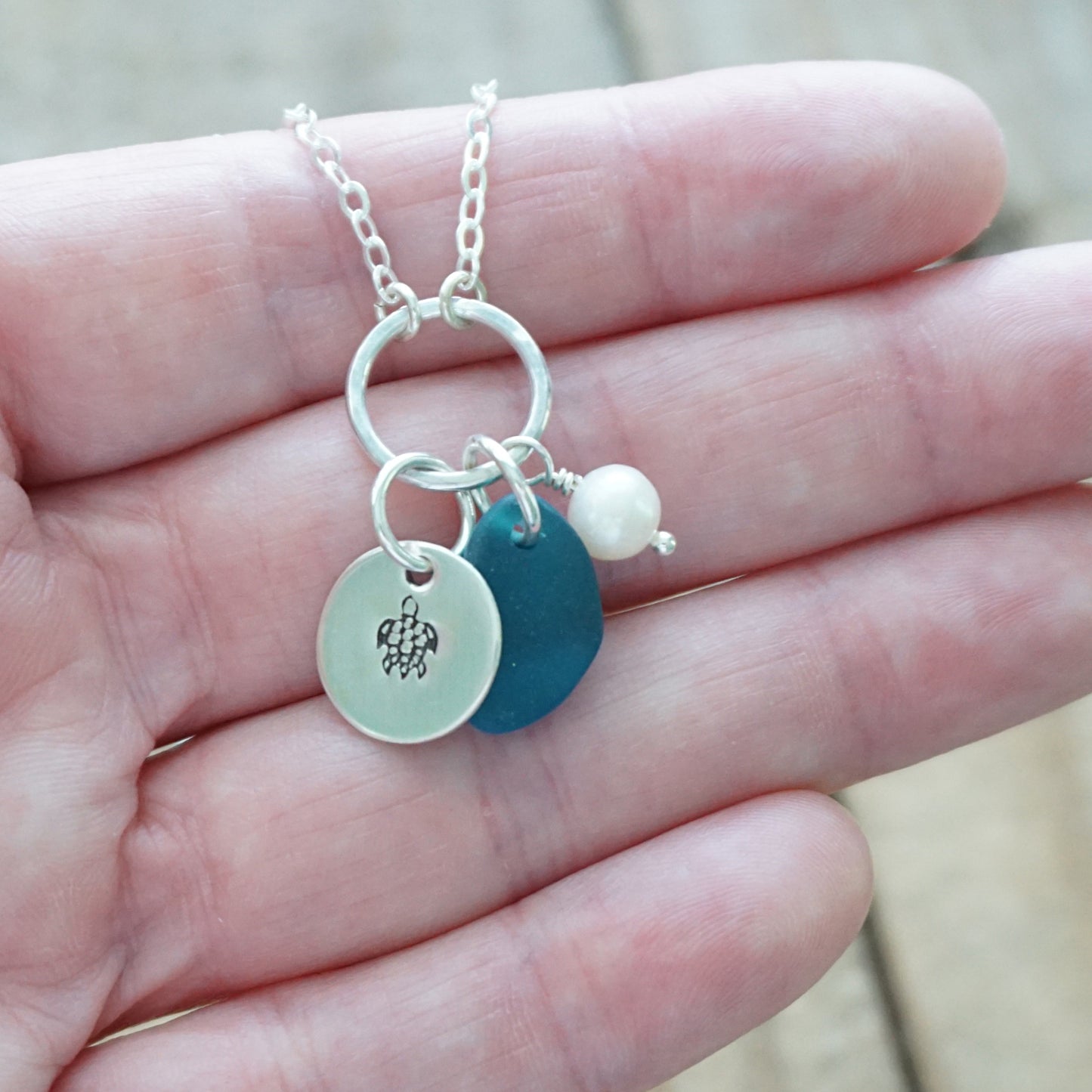 Hand Stamped Turtle Charm Necklace with Sea Glass and Freshwater Pearl