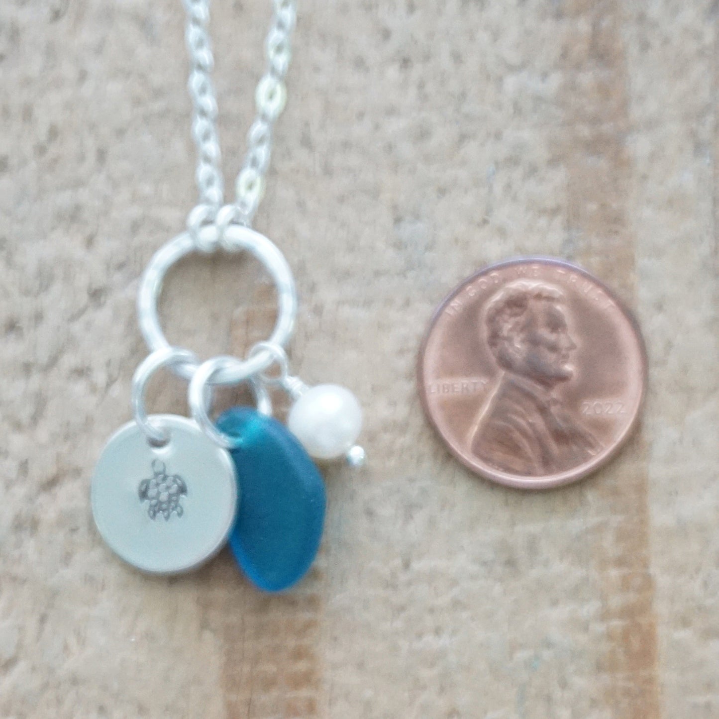Hand Stamped Turtle Charm Necklace with Sea Glass and Freshwater Pearl