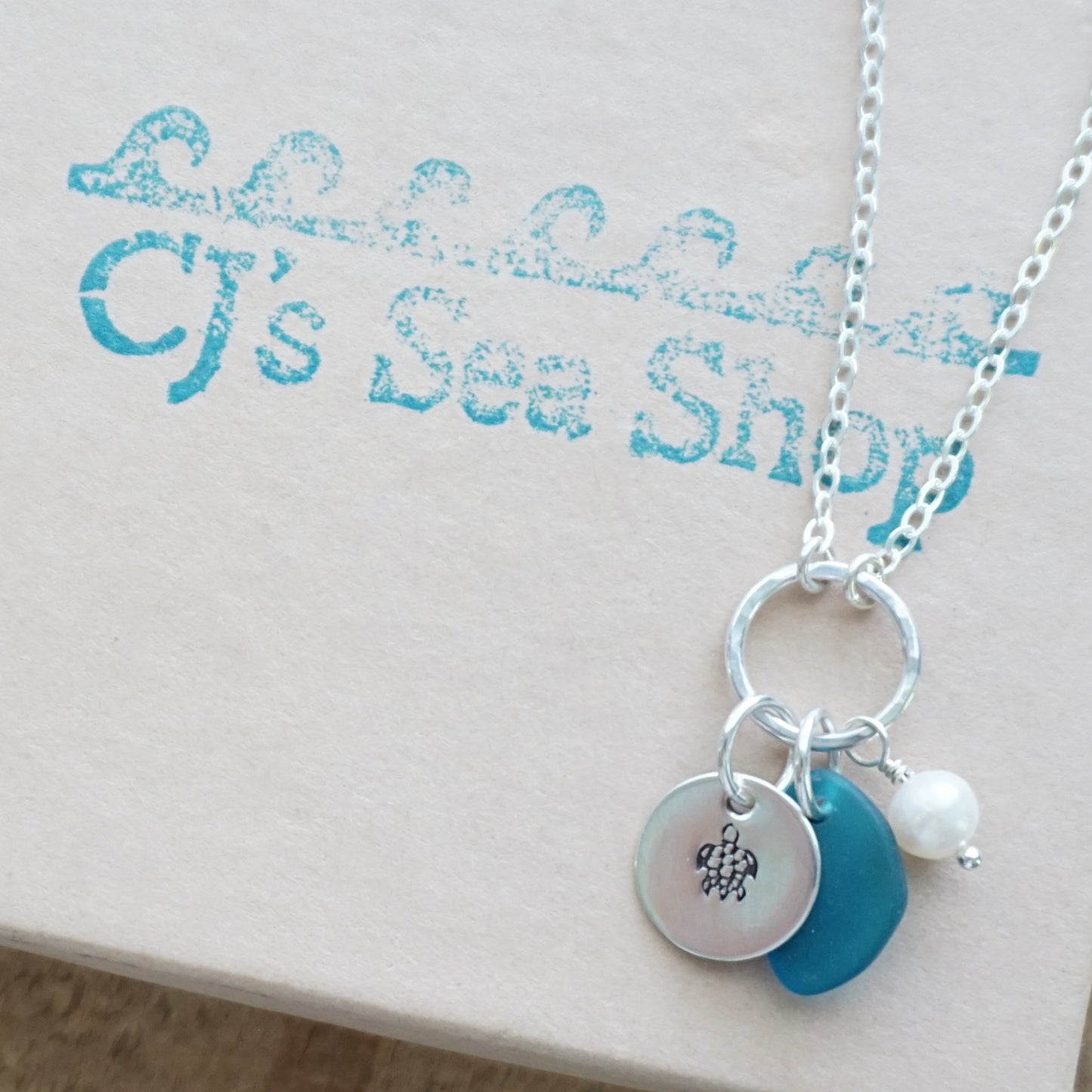 Hand Stamped Turtle Charm Necklace with Sea Glass and Freshwater Pearl
