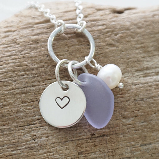 Hand Stamped Heart Charm Necklace with Sea Glass and Freshwater Pearl