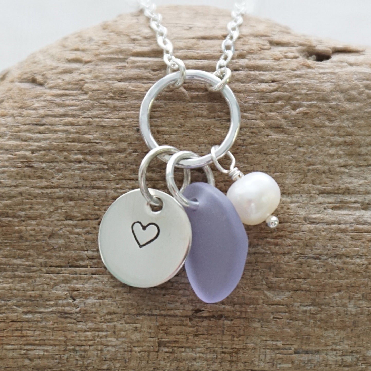 Hand Stamped Heart Charm Necklace with Sea Glass and Freshwater Pearl
