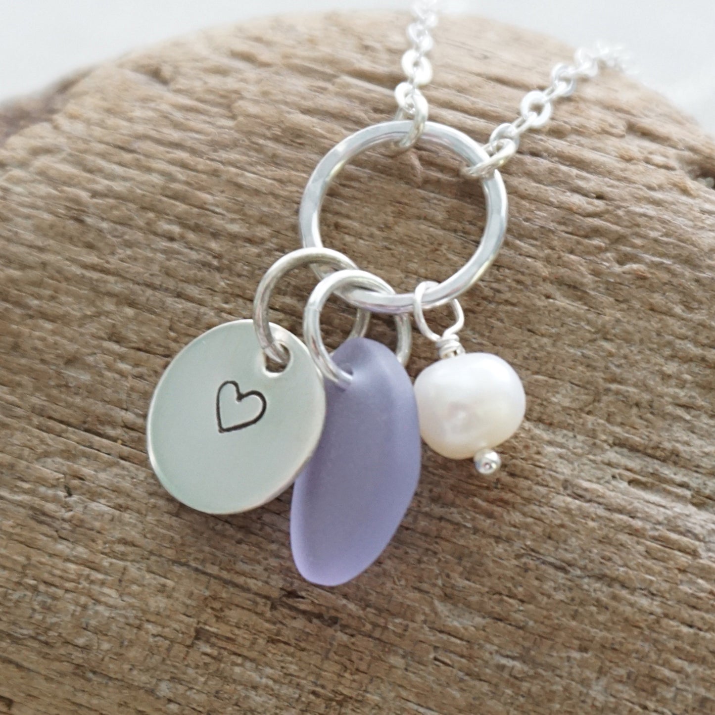 Hand Stamped Heart Charm Necklace with Sea Glass and Freshwater Pearl