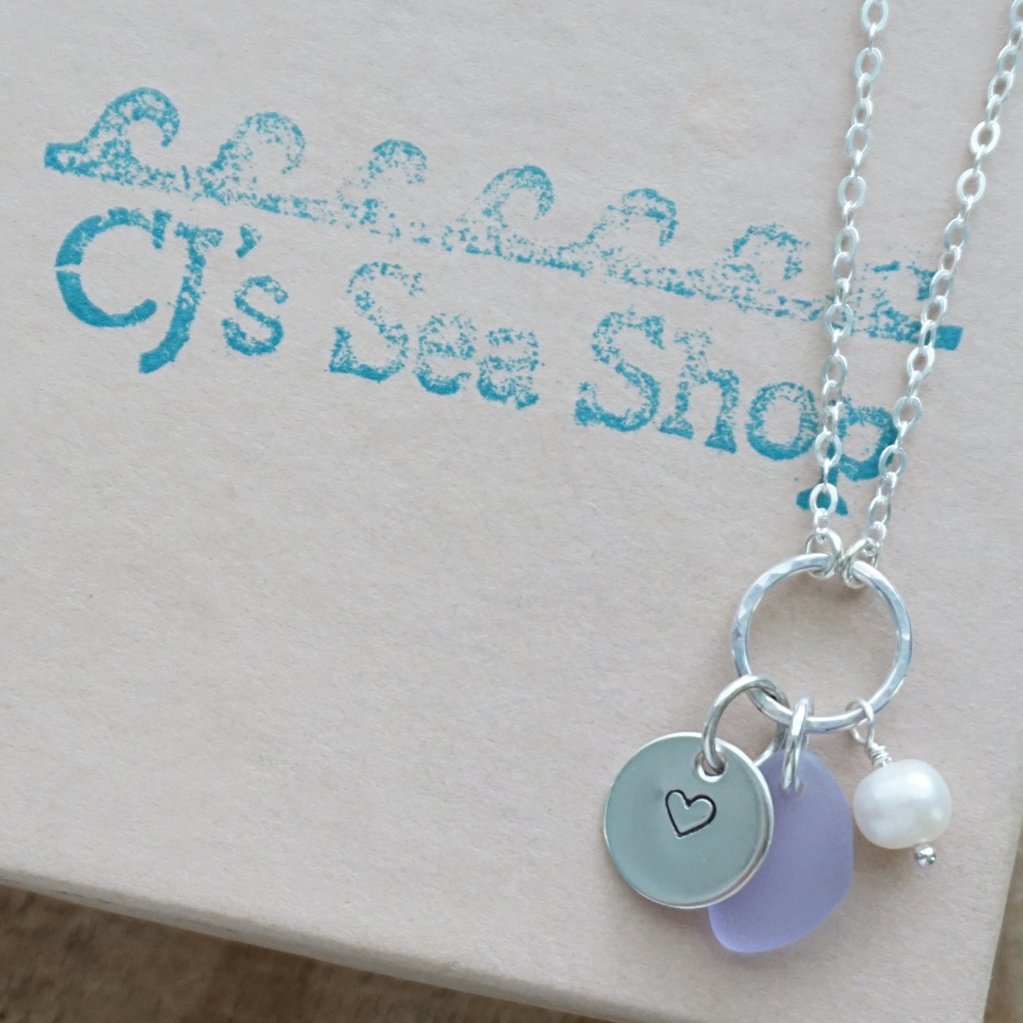 Hand Stamped Heart Charm Necklace with Sea Glass and Freshwater Pearl