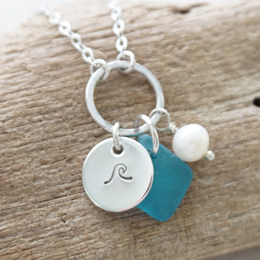 Hand Stamped Wave Charm Necklace with Sea Glass and Freshwater Pearl