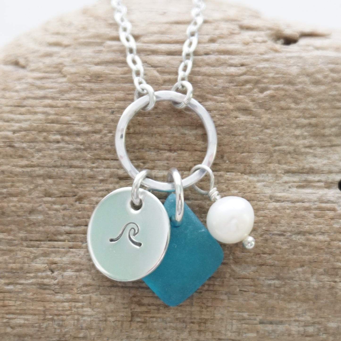 Hand Stamped Wave Charm Necklace with Sea Glass and Freshwater Pearl