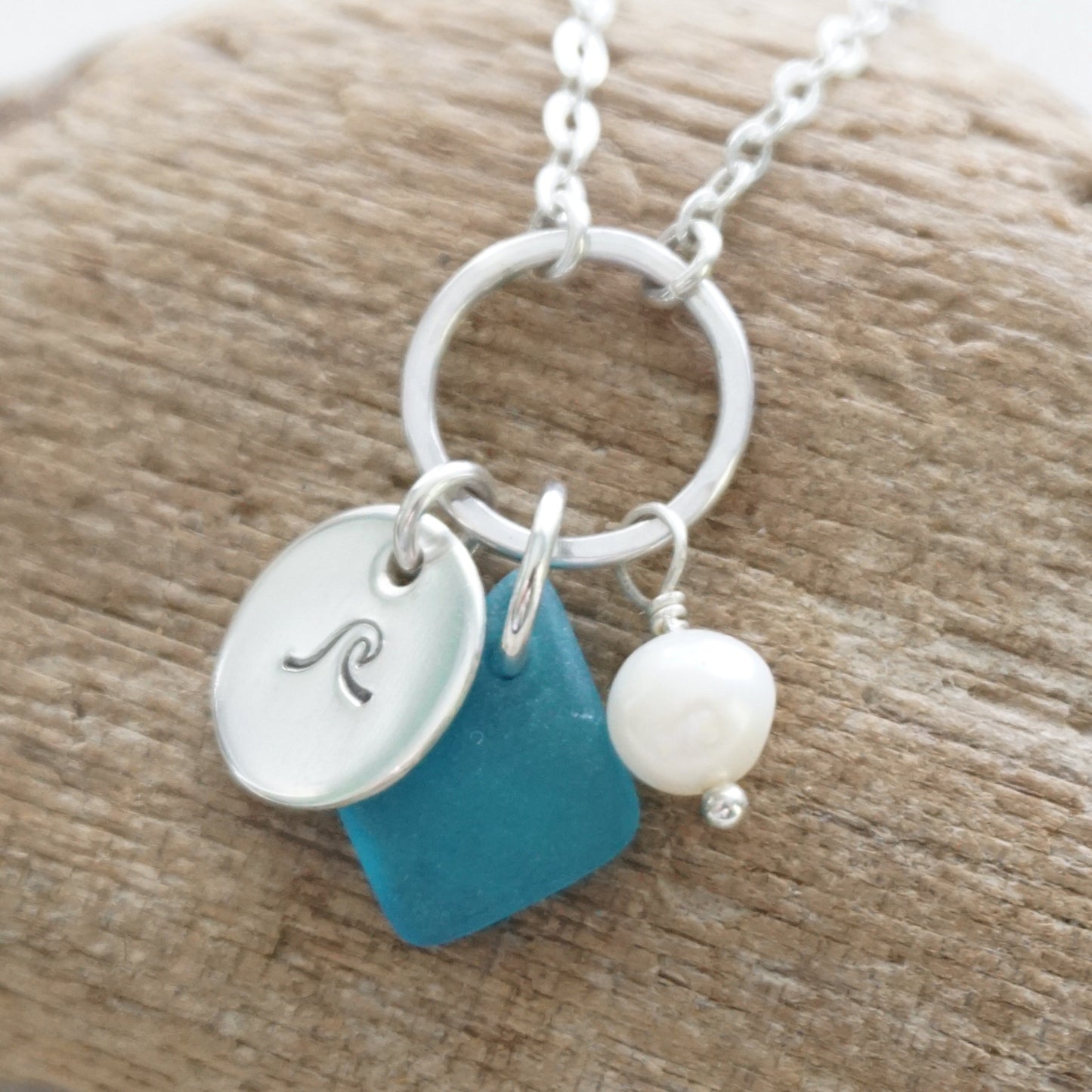 Hand Stamped Wave Charm Necklace with Sea Glass and Freshwater Pearl