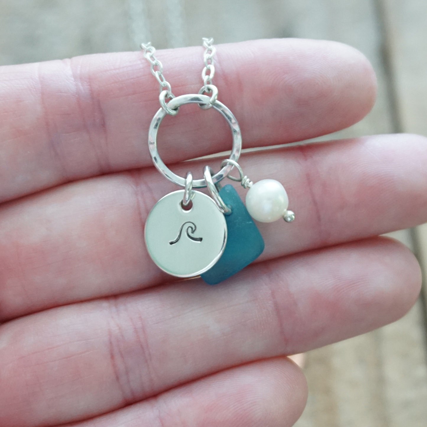 Hand Stamped Wave Charm Necklace with Sea Glass and Freshwater Pearl