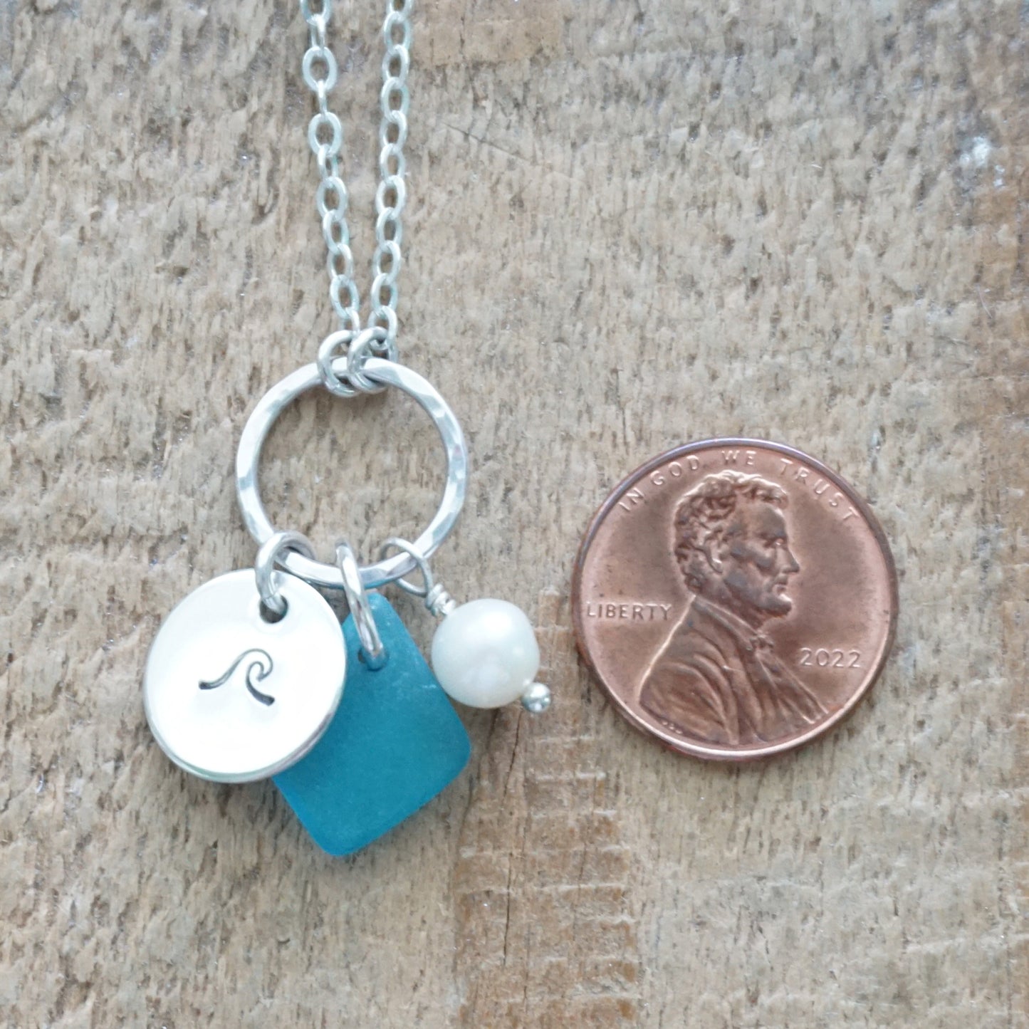 Hand Stamped Wave Charm Necklace with Sea Glass and Freshwater Pearl