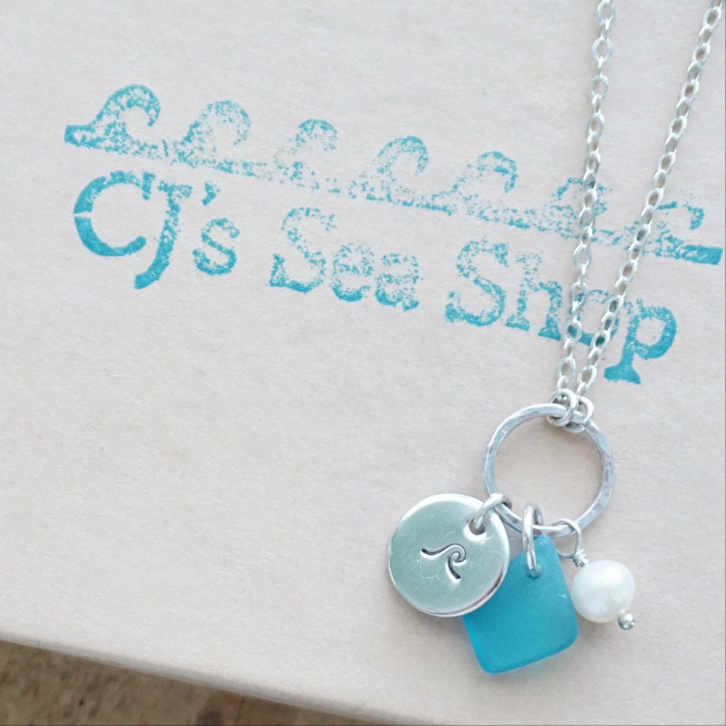 Hand Stamped Wave Charm Necklace with Sea Glass and Freshwater Pearl