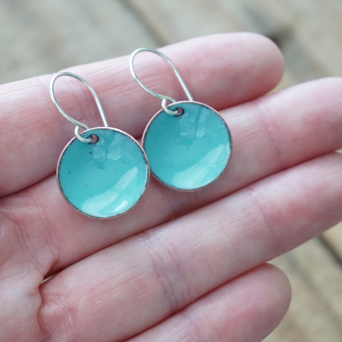Light Blue Green Teal Enamel Disc Earrings