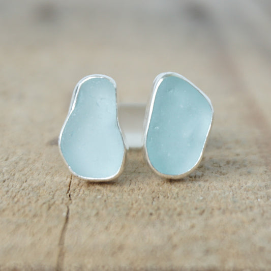 Soft Aqua Blue Sea Glass Stud Earrings
