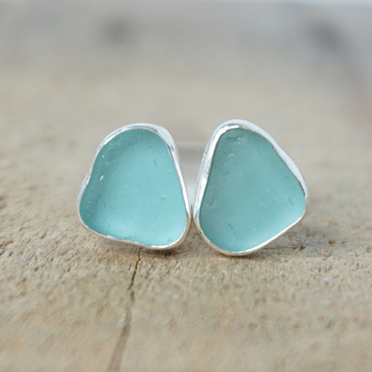 Teal Blue Green Sea Glass Stud Earrings